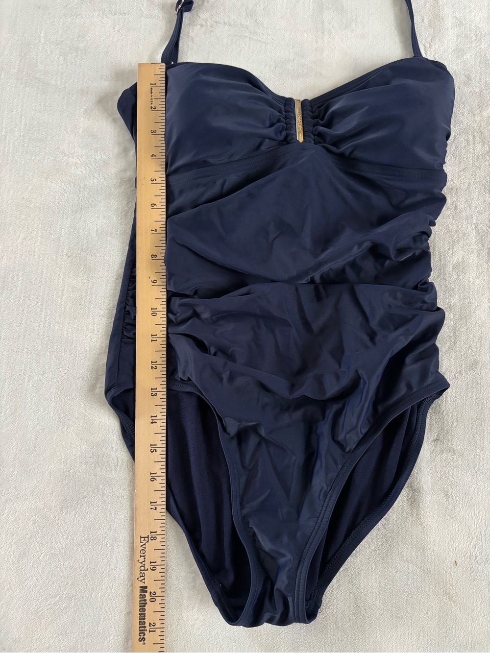 Calvin Klein Ruched One Piece Swimsuit Navy Blue Gold Bar Tummy Control Sz 6 - Picture 3 of 9